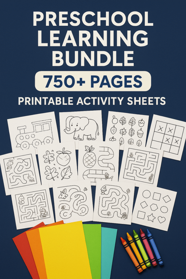 Preschool & Kindergarten Learning Bundle – 750+ Printable Worksheets for Tracing, Alphabet, Math, Coloring, Dot-to-Dot (PDF Download)