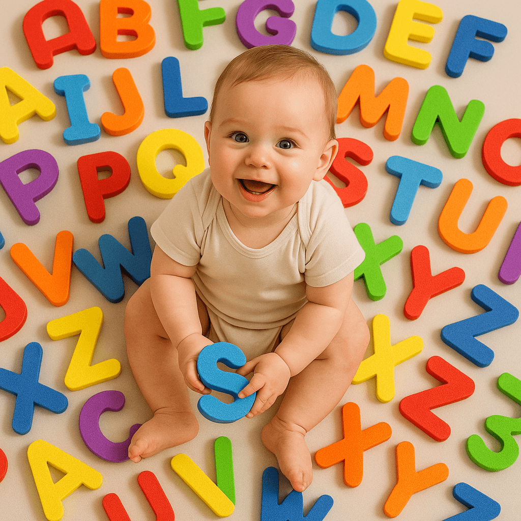 A baby surrounded by colorful alphabet letters, symbolizing baby name discovery.